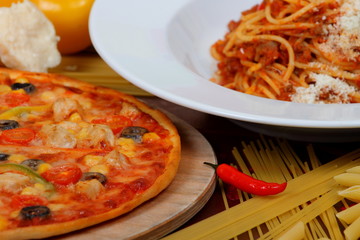 pasta and pizza with tomato sauce