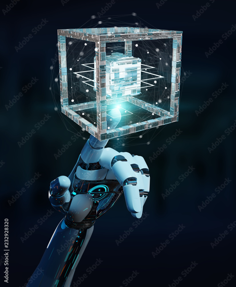 Leinwandbilder White robot hand creating future technology structure 3D rendering