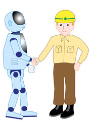 人工知能を持ったロボットとエンジニアが仲良く握手している。
