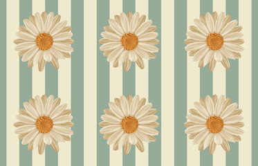Printable seamless vintage repeat pattern background with white daisies. Botanical wallpaper, raster illustration in super High resolution.