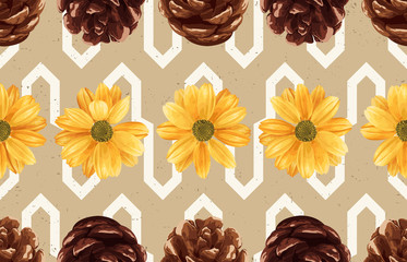 Printable seamless vintage repeat pattern background with yellow chrysanthemum flowers and pine cones. Botanical wallpaper, raster illustration in super High resolution.
