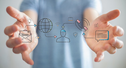Businessman using thin line social network icons interface