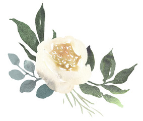 Watercolor wedding floral bouquet composition with white roses and eucalyptus