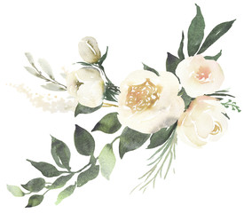 Watercolor wedding floral bouquet composition with white roses and eucalyptus