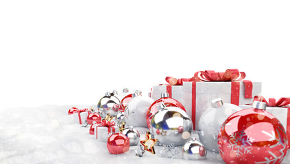 Red christmas baubles and gifts background 3D rendering