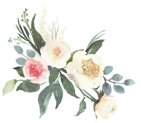 Watercolor floral bouquet composition with light roses and eucalyptus