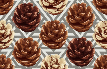 Printable seamless vintage autumn repeat pattern background with pine cone. Botanical wallpaper, raster illustration in super High resolution.