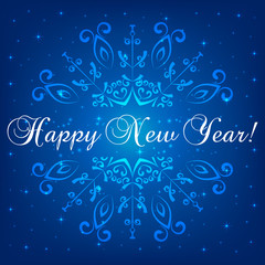 Fototapeta na wymiar Abstract snowflake, greeting card design with lettering Happy New Year on blue background, vector illustration
