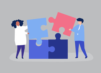 Character of a couple solving puzzle pieces illustration