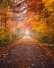 Autumn forest nature. foggy morgning in forest viberant color