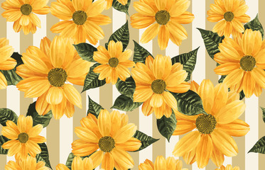 Printable seamless vintage repeat pattern background with yellow chrysanthemum flowers. Botanical wallpaper, raster illustration in super High resolution.