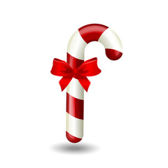 Fototapeta na wymiar Realistic colorful christmas candy cane with red satin bow knot on white.