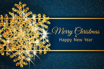 Merry Christmas greeting card. Gold snowflake and glitter on Dark blue background. Merry Christmas and Happy New Year text.
