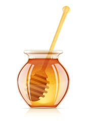Jar and dipper for honey. Glass can preservation liquid food.