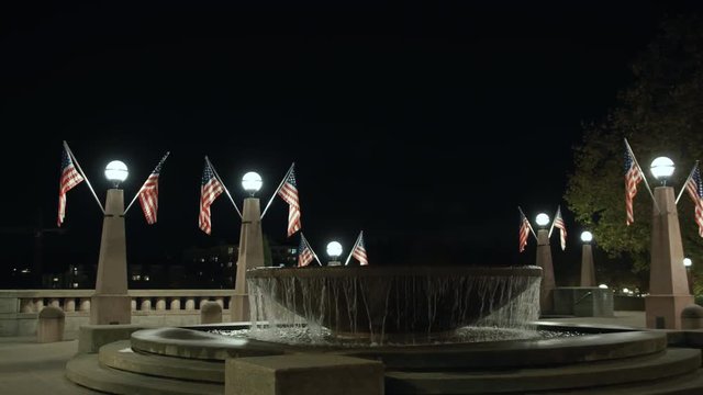 Bellevue Park Fountain with USA Flags for Veterans Day