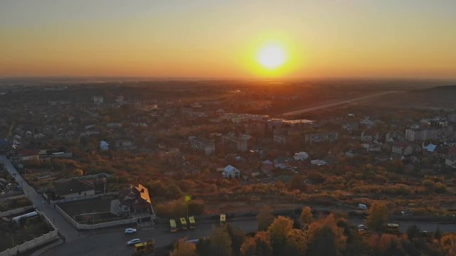 Panoramic view on a small city at sunrise above in the autumn Uzhhorod Ukraine Europe