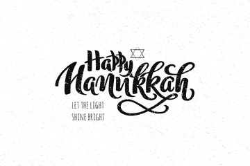 Hanukkah hand drawn lettering concept for designing holiday greeting card, poster, banner, logo, icon, invitation for Jewish holiday Hanukkah event. Winter celebration quotation Happy Hanukkah