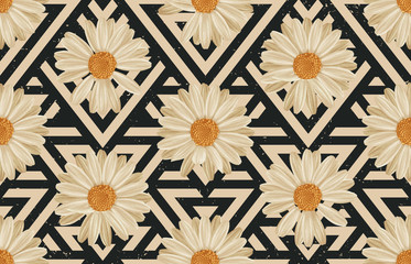 Printable seamless vintage repeat pattern background with white daisies. Botanical wallpaper, raster illustration in super High resolution.