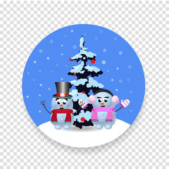 Christmas, new year round sign with cute cartoon snowman, snowgirl and xmas tree isolated