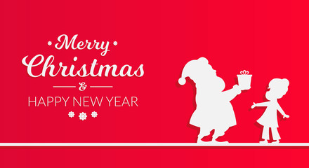 Fototapeta na wymiar Silhouette of Santa Claus gives a gift to a girl on red background, Christmas concept. Merry Christmas and Happy New Year iIllustration.