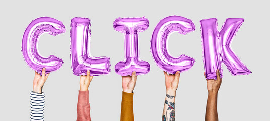 Hands holding cilck word in balloon letters