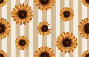 Printable seamless vintage autumn repeat pattern background with sunflowers. Botanical wallpaper, raster illustration in super High resolution.