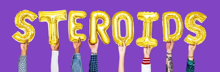 Hands holding steroids word in balloon letters