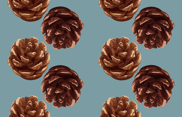 Printable seamless vintage autumn repeat pattern background with pine cone. Botanical wallpaper, raster illustration in super High resolution.
