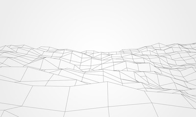 Wireframe polygonal landscape. Mountains with connected lines and dots. Vector illustration.