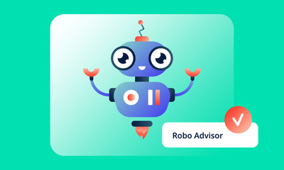 Colorful Robo Advisor, who is always happy to help. Flat vector illustration for web and printing on light green gradient background.