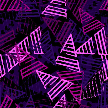 Abstract seamless pattern for girls,boys.Creative vector background with hearts, triangle, geometric figures.Funny wallpaper for textile and fabric.Fashion style.Colorful bright Pink, yellow, purple