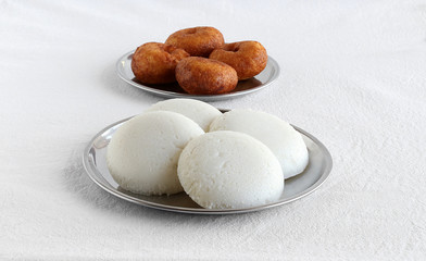 Idli or Idly, Healthy South Indian Vegetarian Breakfast, and Vada on Steel Plates