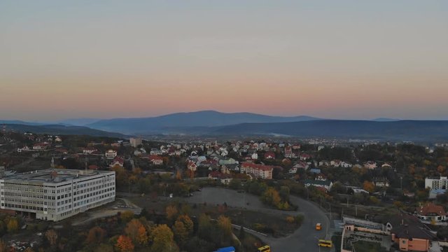 Aerial shot of small cityscape old architecture houses Uzhhorod Ukraine Europe