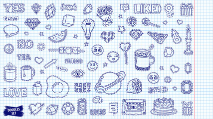 Patch badges set. Doodle sketch vector. Comic stickers. Social media emoji. Pop art. Cute and funny doodles. College fashionable pins.
