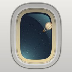 Spaceship window, view of planet and space, vector background