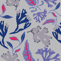 Seamless pattern with abstract seaweed. Hand drawn repeat background. Flat style illustration.