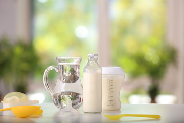Bottle of milk for baby with water on white table
