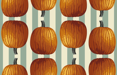 Printable seamless vintage autumn repeat pattern background with pumpkins. Botanical wallpaper, raster illustration in super High resolution.