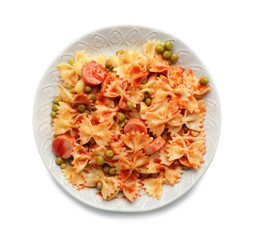 Plate with delicious pasta and sausage on white background