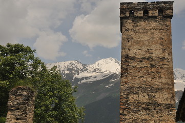 Fototapeta na wymiar Georgia. Swan tower. Residential building defensive in the mountains. Caucasus.