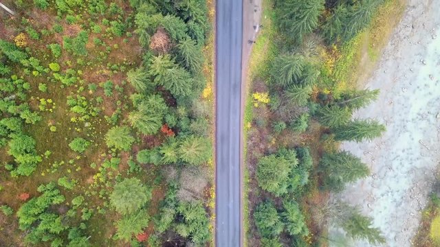 Bird's-eye view of the mountain road that runs along the Prut River. Carpathians. Ukraine. Top view
