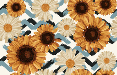 Printable seamless vintage autumn repeat pattern background with daisies and sunflowers. Botanical wallpaper, raster illustration in super High resolution.