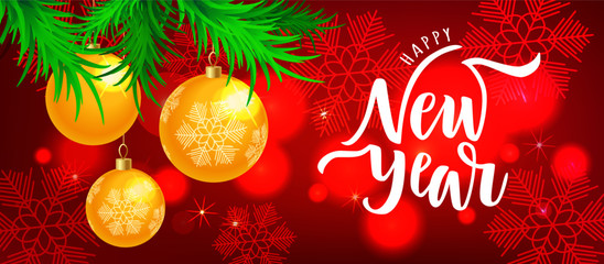 Fototapeta na wymiar Happy New Year hand lettering on blur background with Christmas balls. Typography for Happy New Year holidays greeting card, invitation, banner, postcard template. Vector illustration.