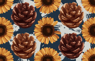 Printable seamless vintage autumn repeat pattern background with pine cones and sunflowers. Botanical wallpaper, raster illustration in super High resolution.