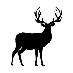 Black silhouette of reindeer with big horns on white background
