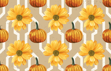 Printable seamless vintage repeat pattern background with yellow chrysanthemum flowers and pumpkins. Botanical wallpaper, raster illustration in super High resolution.