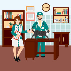 Obraz na płótnie Canvas Veterinarian and nurse in the clinic with a cat. Vector isolated illustration. Cartoon character.