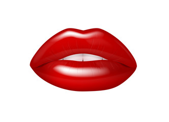 Red sexy lips with gloss. Female lips with red lipstick.