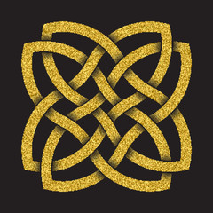 Golden glittering logo symbol in Celtic style on black background. Tribal symbol in four petals flower form. Gold stamp for jewelry design.