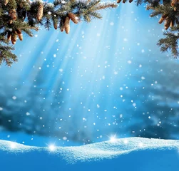 Schilderijen op glas Prachtig winterlandschap met besneeuwde bomen. Kerst achtergrond © Lilya